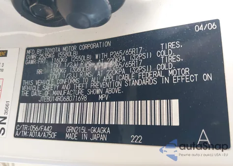 2006 Toyota 4Runner Sr5 V6 z USA, uszkodzony, nr VIN JTEBU14R068071698